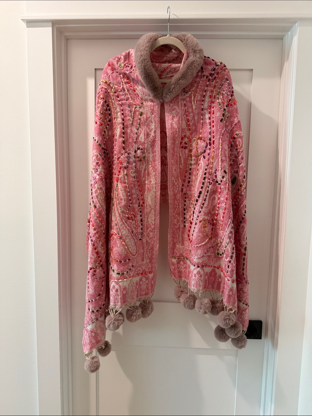 Pink tapestry wrap with Faux Fur Collar and fur pom poms(bw)